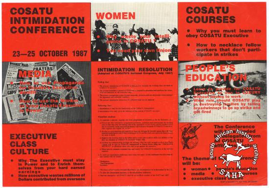 	COSATU INTIMIDATION CONFERENCE:COSATU COURSES :EXECUTIVE CLASS CULTURE (AL2446_2625) This poster, which is titled as ‘Poster 85’, was produced by unknown parties to undermine the Congress of South African Trade Unions (COSATU) and sabotage COSATU’s first Education Conference (which was advertised as ‘Poster 84’).