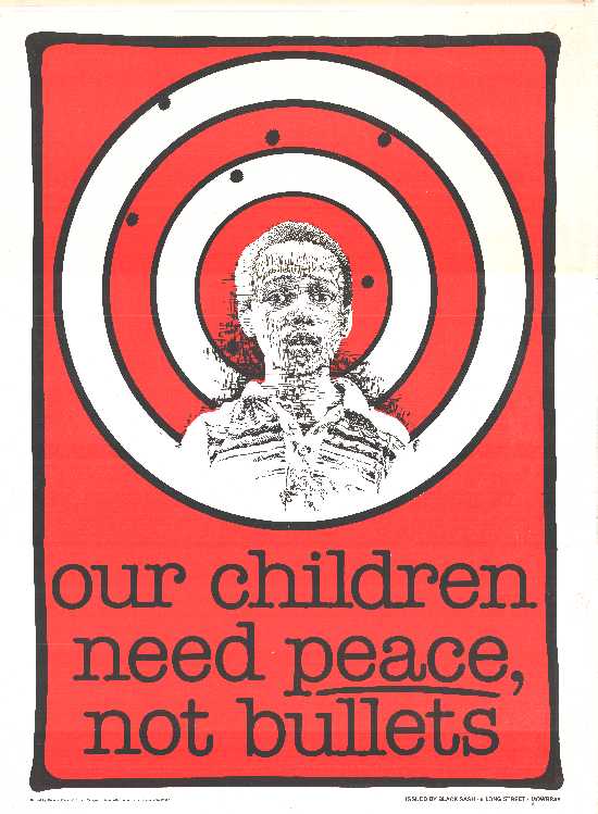 red, black and white poster in the form of a target board  depicting a childs face on and bullets holes in it. the text reads our children need police not bullets.