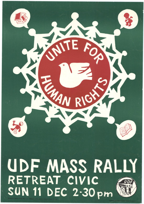 Offset litho poster, issued by the United Democratic Front (UDF), circa 1988. Archived as SAHA collection AL2446_1449.