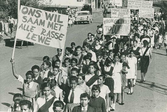 School children protesting against the Group Areas Act, 1955. Photographer unknown. Archived as SAHA collection AL2547_6.3.1
