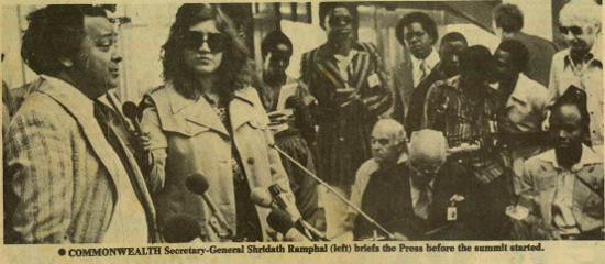 TIMES OF ZAMBIA news clipping of Julie Frederikse with Commonwealth Secretary-General Shridath Ramphal, 4 August 1979. Archived as SAHA collection AL2460_U01.01