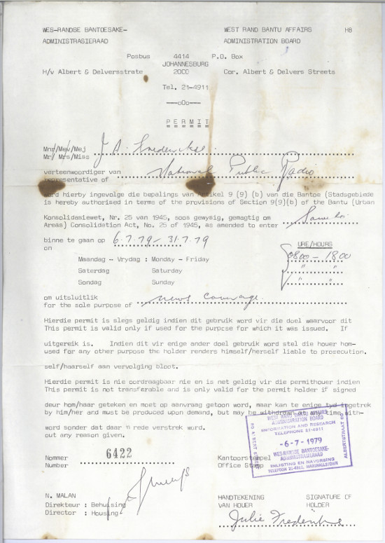 Julie Frederikse's permit to enter Soweto, 1979. Archived as SAHA collection AL2460_U07.02