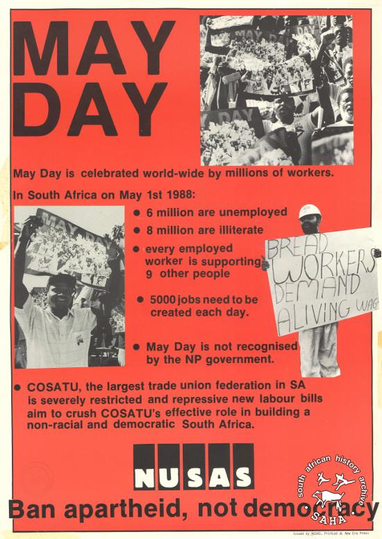 Offset litho poster, issued by the National Union of South African Students (NUSAS), 1988. Archived as SAHA collection AL2446_1292