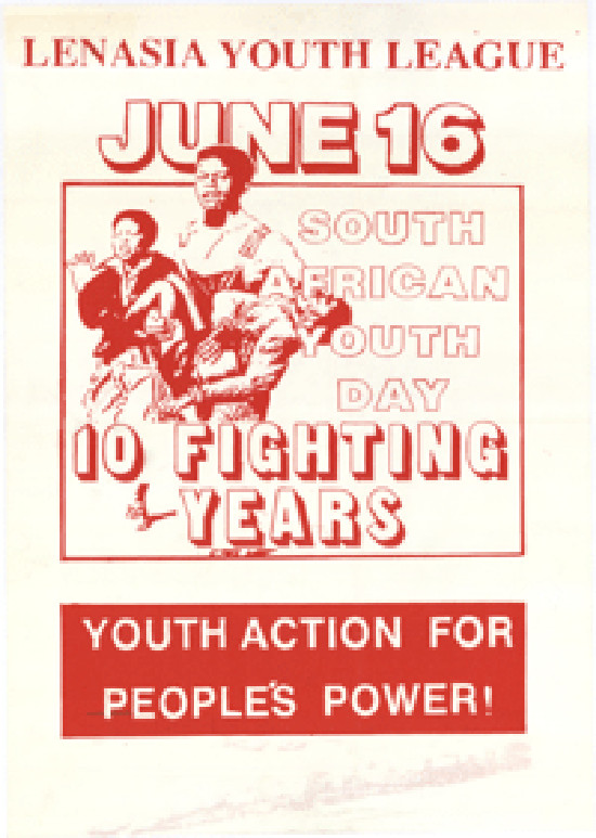 Offset litho poster, issued by the Lenasia Youth League, 1986. Archived as SAHA collection AL2446_1191 