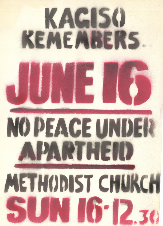 Spray-painted poster, issued by the Kagiso Youth, circa 1986. Archived as SAHA collection AL2446_1205