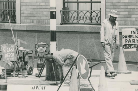 This black and white photograph of municipal workers carrying out repairs was taken by an unknown photographer. Date unknown. This photograph was digitised by Africa Media Online (AMO) in 2009. SAHA archival call number AL2547_11.3.1.