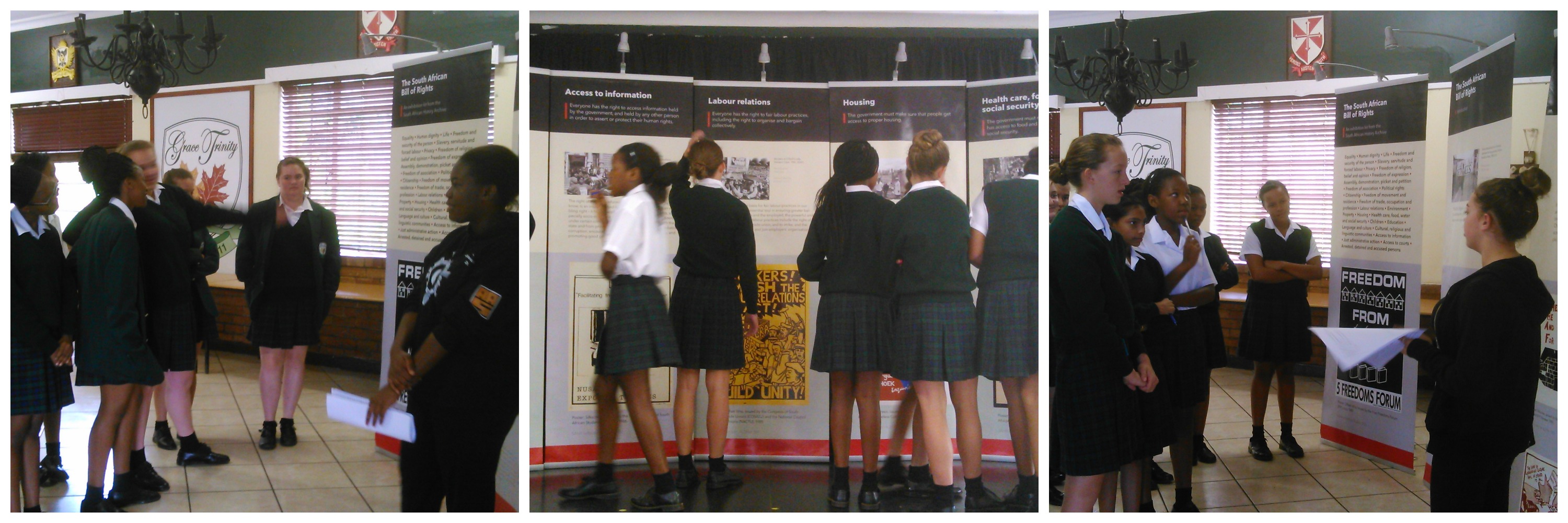 Collage of students at Grace Trinity School for Girls discussing SAHA's Bill of Rights exhibition, March 2015. Image credit: Grace Trinity School for Girls