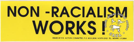 Sticker, issued by the P.E. Action Committee, date unknown. Archived as SAHA collection AL2540_D0226