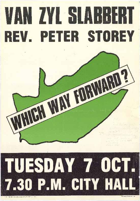 Poster advertising public meeting including Frederick Van Zyl Slabbert and the Reverend Peter Storey, AL2446_1494 :: SAHA Poster Collection
