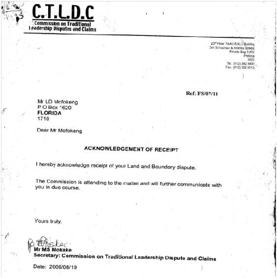 Commission of Traditional Leadership Disputes and Claims, acknowledgement of Morena Mofokeng's application. Archived as SAHA collection AL2878_B01.44.47