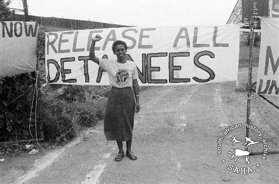 Black and white photograph of Debra Marakalala taken by Gille de Vlieg at the Free Mandela Rally held in Durban, December 15, 1985. Archives in SAHA collections as AL3274_C43.1